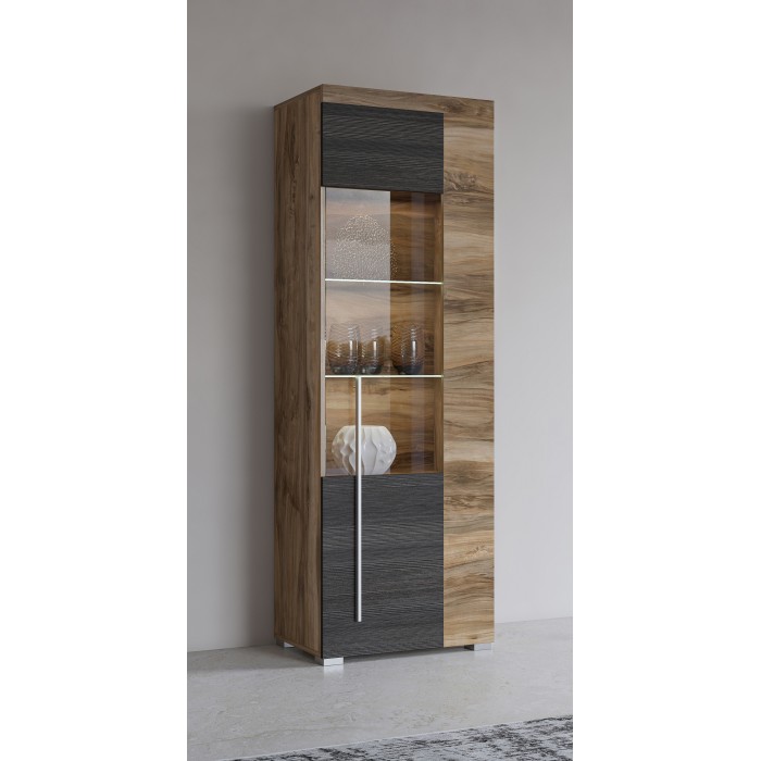 Vitrine 1 porte gauche BRAZZA – Ouverture droite – 5 niches – Façade vitrée noyer satin