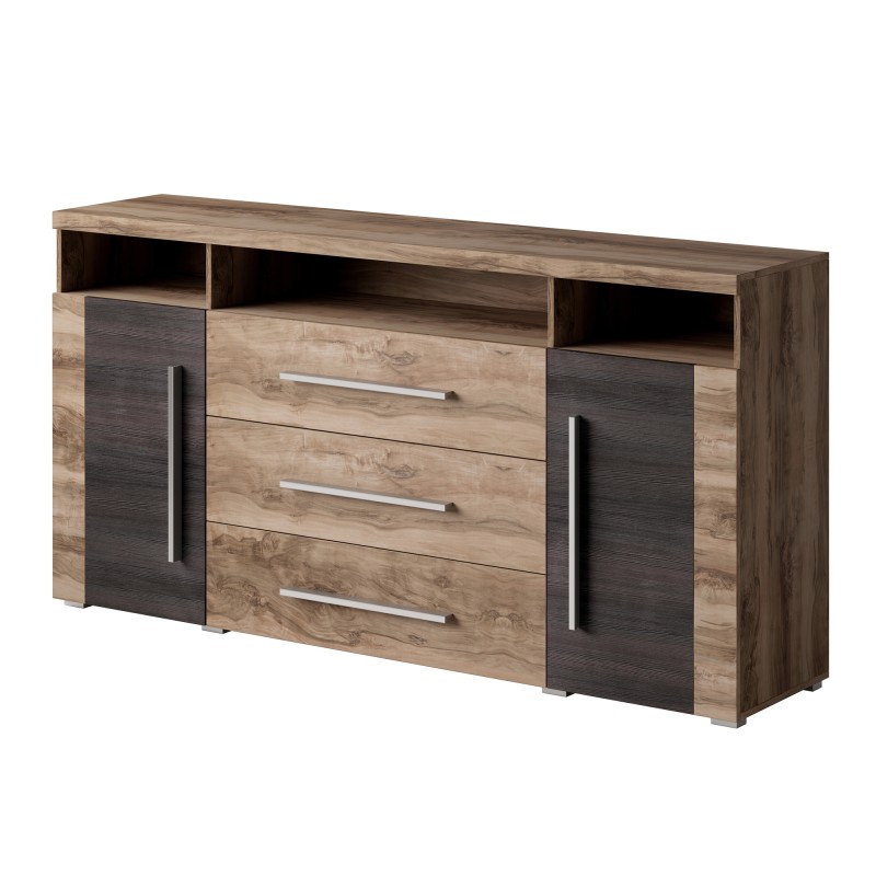 Buffet BRAZZA 2 portes 3 tiroirs – Coloris noyer satin – Niches ouvertes – 182 cm