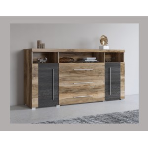 Buffet BRAZZA 2 portes 3 tiroirs – Coloris noyer satin – Niches ouvertes – 182 cm