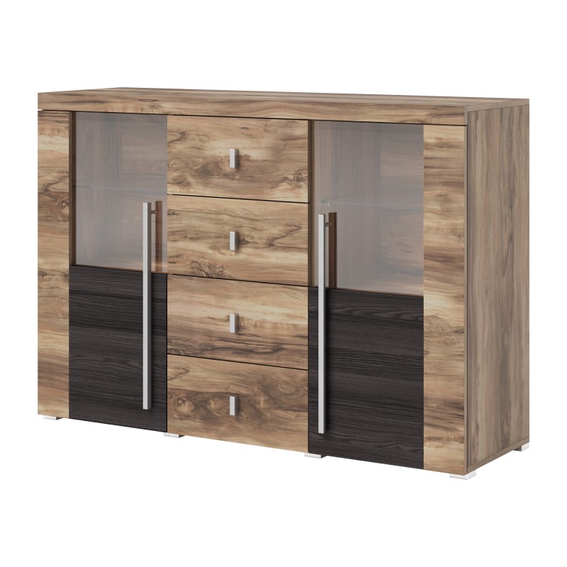 Buffet BRAZZA 2 portes 4 tiroirs – Finition noyer satin – Niches ouvertes et vitrées – 132 cm