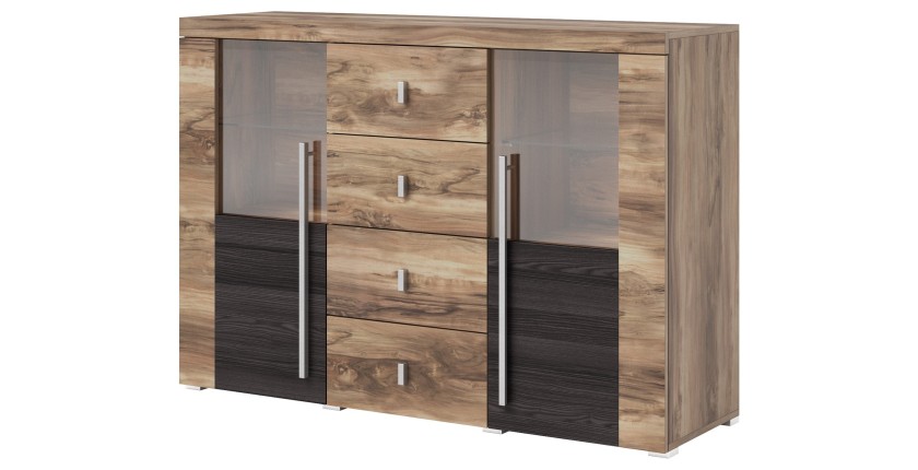 Buffet BRAZZA 2 portes 4 tiroirs – Finition noyer satin – Niches ouvertes et vitrées – 132 cm