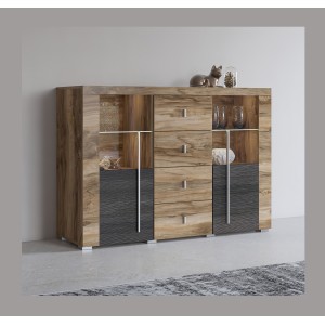 Buffet BRAZZA 2 portes 4 tiroirs – Finition noyer satin – Niches ouvertes et vitrées – 132 cm