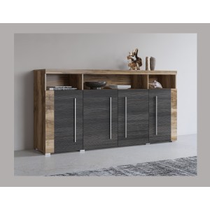Buffet BRAZZA 4 portes – Grand rangement noyer satin – Niches décoratives – 182 cm
