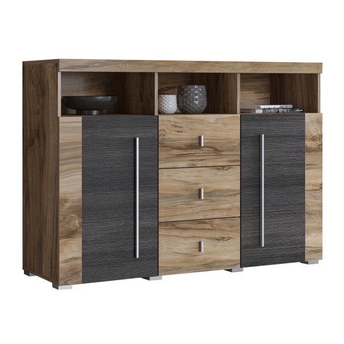 Buffet BRAZZA 4 portes – Grand rangement noyer satin – Niches décoratives – 182 cm