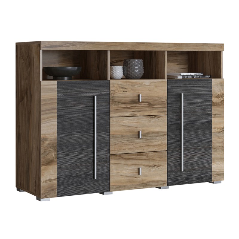 Buffet BRAZZA 4 portes – Grand rangement noyer satin – Niches décoratives – 182 cm