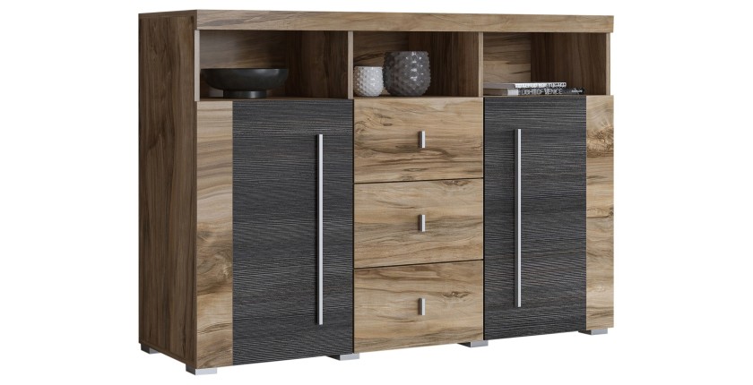 Buffet BRAZZA 4 portes – Grand rangement noyer satin – Niches décoratives – 182 cm