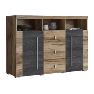 Buffet BRAZZA 4 portes – Grand rangement noyer satin – Niches décoratives – 182 cm