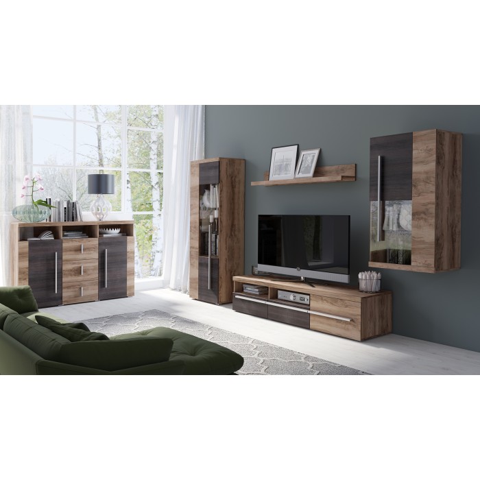 Buffet BRAZZA 4 portes – Grand rangement noyer satin – Niches décoratives – 182 cm