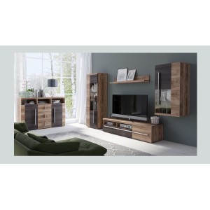 Buffet BRAZZA 4 portes – Grand rangement noyer satin – Niches décoratives – 182 cm