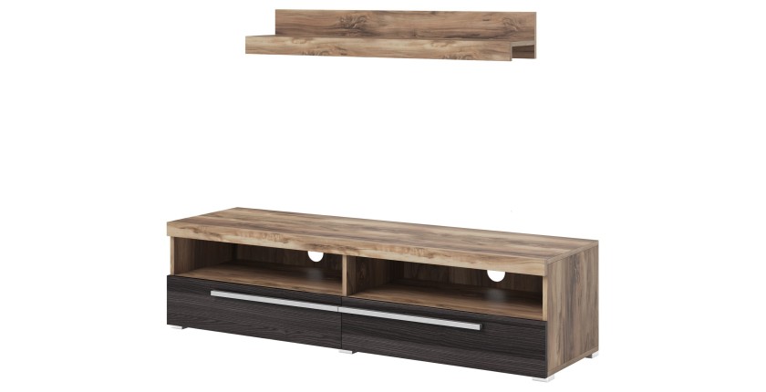 Meuble TV BRAZZA 140 cm avec étagère murale – 2 abattants – Noyer satin et niches visibles