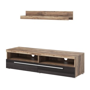 Meuble TV BRAZZA 140 cm avec étagère murale – 2 abattants – Noyer satin et niches visibles