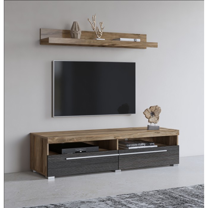 Meuble TV BRAZZA 140 cm avec étagère murale – 2 abattants – Noyer satin et niches visibles