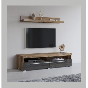 Meuble TV BRAZZA 140 cm avec étagère murale – 2 abattants – Noyer satin et niches visibles