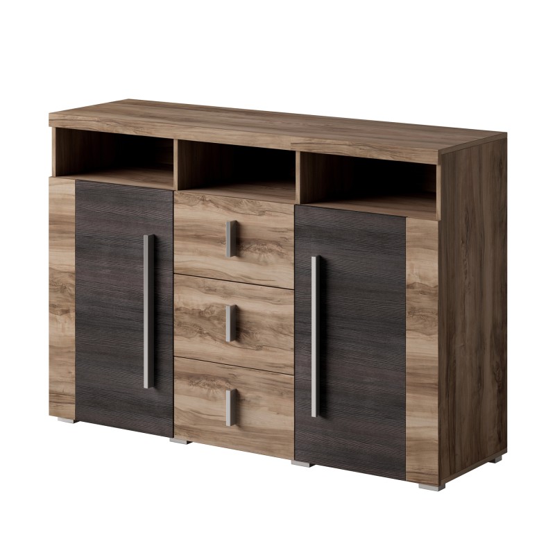 Buffet BRAZZA 2 portes 3 tiroirs – Coloris noyer satin – Niches ouvertes – 132 cm