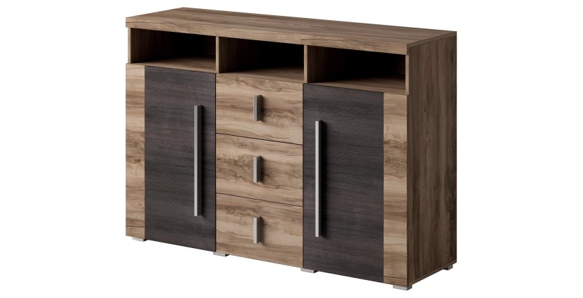 Buffet BRAZZA 2 portes 3 tiroirs – Coloris noyer satin – Niches ouvertes – 132 cm