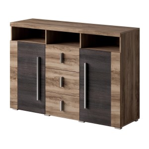 Buffet BRAZZA 2 portes 3 tiroirs – Coloris noyer satin – Niches ouvertes – 132 cm