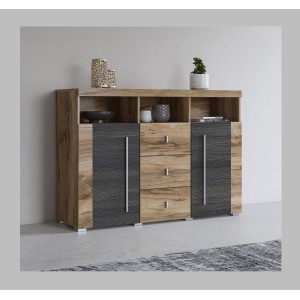 Buffet BRAZZA 2 portes 3 tiroirs – Coloris noyer satin – Niches ouvertes – 132 cm