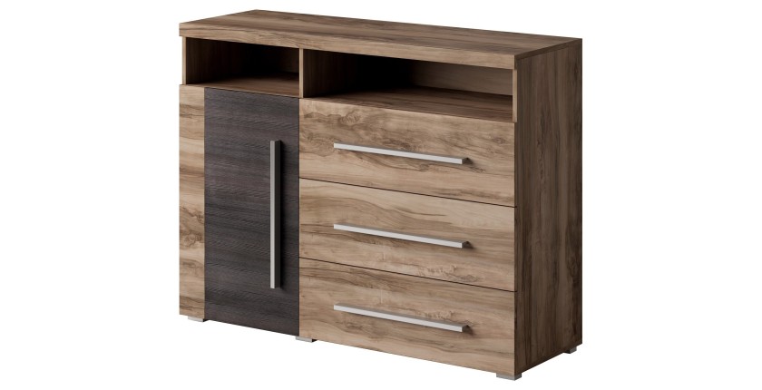 Buffet BRAZZA 1 porte 3 tiroirs – Rangement compact noyer satin – Niches visibles – 119 cm