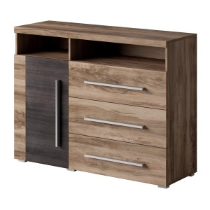 Buffet BRAZZA 1 porte 3 tiroirs – Rangement compact noyer satin – Niches visibles – 119 cm