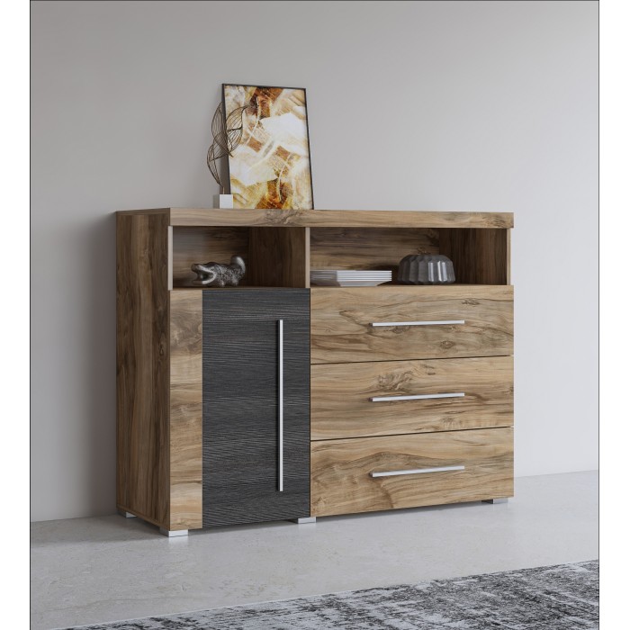 Buffet BRAZZA 1 porte 3 tiroirs – Rangement compact noyer satin – Niches visibles – 119 cm