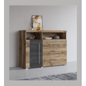 Buffet BRAZZA 1 porte 3 tiroirs – Rangement compact noyer satin – Niches visibles – 119 cm