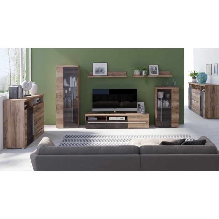 Buffet BRAZZA 1 porte 3 tiroirs – Rangement compact noyer satin – Niches visibles – 119 cm