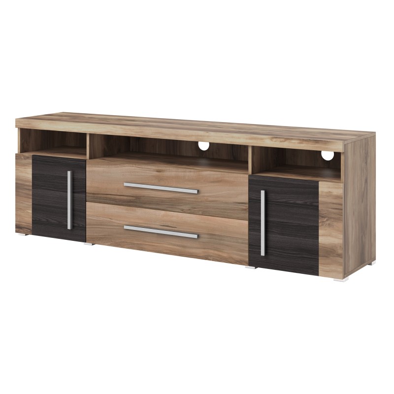 Meuble TV BRAZZA 182 cm – 2 portes, 2 tiroirs – Noyer satin et niches visibles