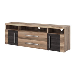 Meuble TV BRAZZA 182 cm – 2 portes, 2 tiroirs – Noyer satin et niches visibles