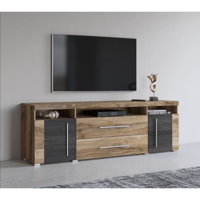 Meuble TV BRAZZA 182 cm – 2 portes, 2 tiroirs – Noyer satin et niches visibles