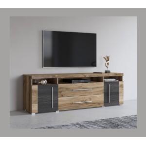 Meuble TV BRAZZA 182 cm – 2 portes, 2 tiroirs – Noyer satin et niches visibles