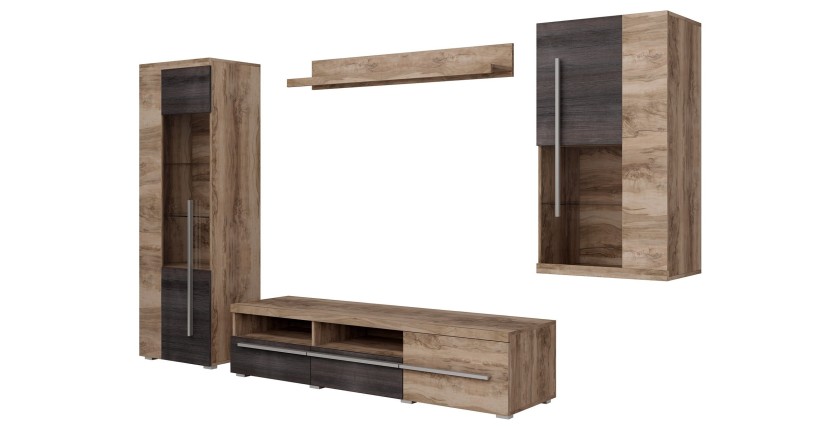 Composition murale BRAZZA – Meuble TV, vitrines et étagère – Noyer satin design