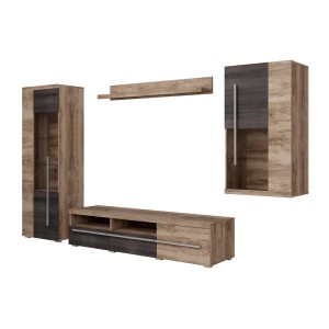 Composition murale BRAZZA – Meuble TV, vitrines et étagère – Noyer satin design