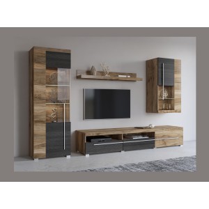 Composition murale BRAZZA – Meuble TV, vitrines et étagère – Noyer satin design