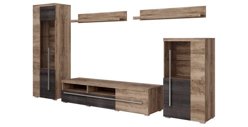 Composition murale BRAZZA – Vitrines, meuble TV 160 cm et 2 étagères – Finition noyer satin