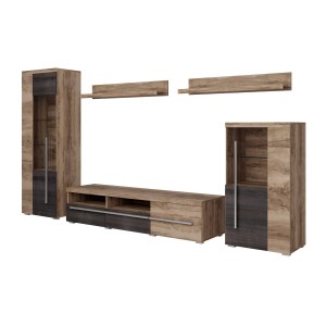 Composition murale BRAZZA – Vitrines, meuble TV 160 cm et 2 étagères – Finition noyer satin