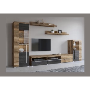 Composition murale BRAZZA – Vitrines, meuble TV 160 cm et 2 étagères – Finition noyer satin