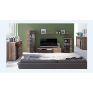 Composition murale BRAZZA – Vitrines, meuble TV 160 cm et 2 étagères – Finition noyer satin