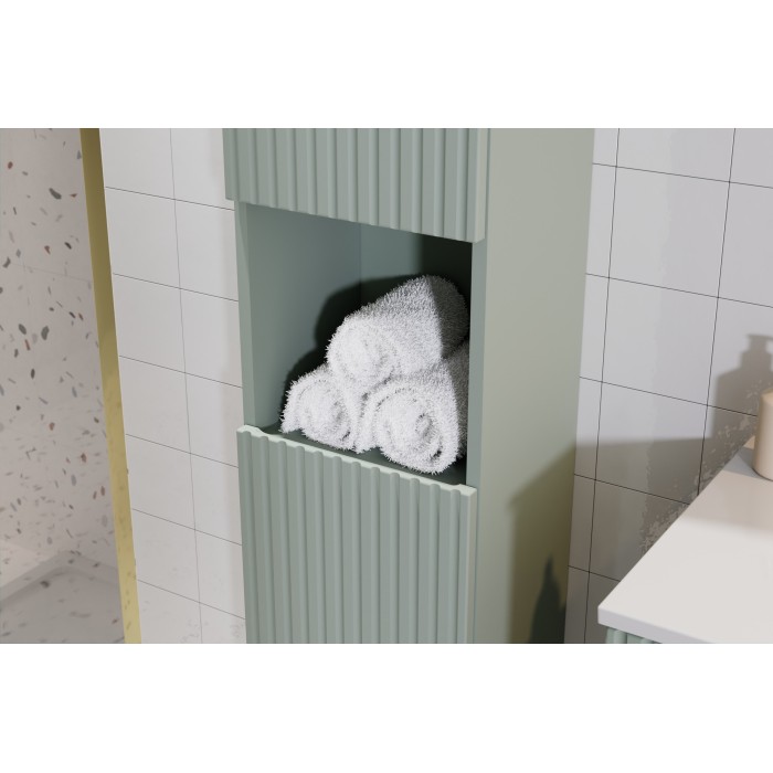 Colonne de salle de bain ELVINA – 2 portes – H140 cm – Coloris vert sauge gris – À suspendre 