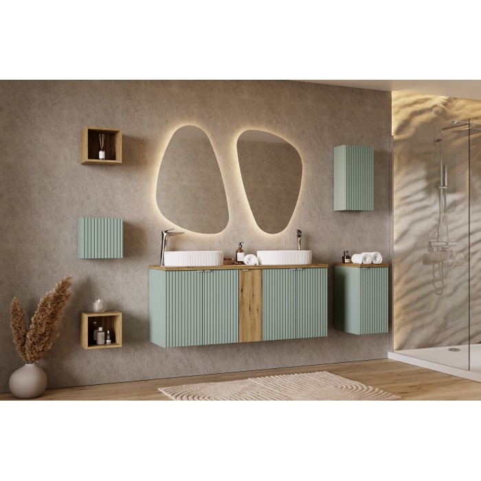 Meuble de rangement salle de bain ELVINA – 1 porte – 30 x 30 cm – Coloris vert sauge gris – À suspendre 