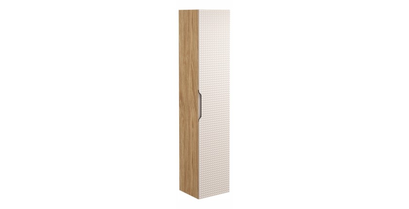 Colonne de salle de bain VELNIA – 1 porte – H170 cm – Coloris chêne clair et beige – À suspendre 