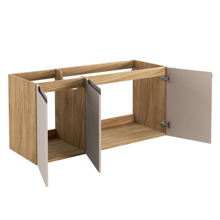 Meuble sous vasque VELNIA – 3 tiroirs – 120 cm – Coloris chêne clair et beige – À suspendre 