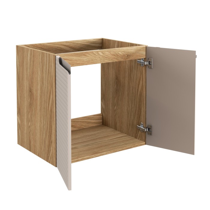 Meuble sous vasque VELNIA – 2 tiroirs – 60 cm – Coloris chêne clair et beige – À suspendre 
