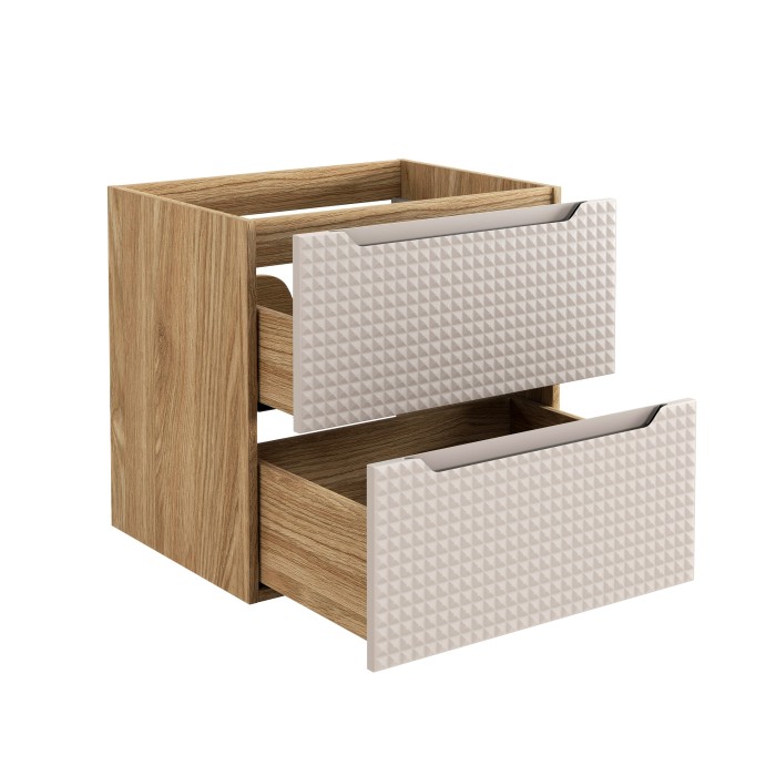Meuble sous vasque VELNIA – 2 tiroirs – 60 cm – Coloris chêne clair et beige – À suspendre 