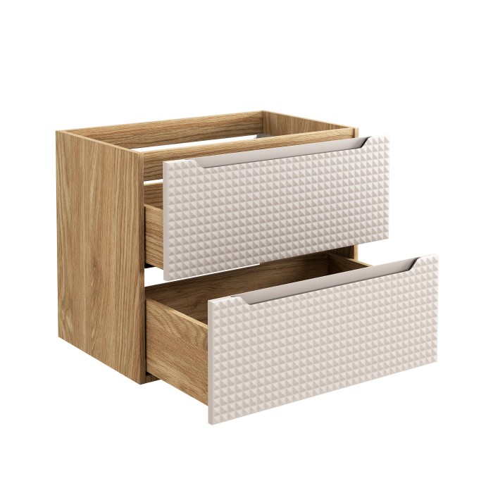 Meuble sous vasque VELNIA – 2 tiroirs – 70 cm – Coloris chêne clair et beige – À suspendre 