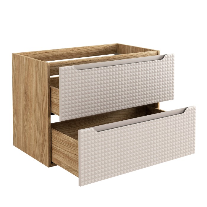 Meuble sous vasque VELNIA – 2 tiroirs – 80 cm – Coloris chêne clair et beige – À suspendre 