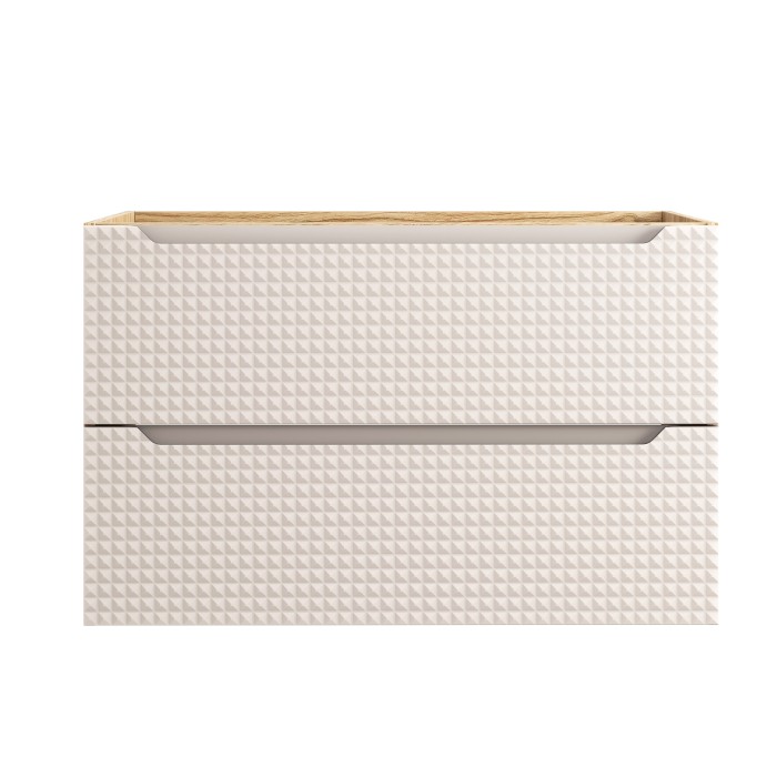 Meuble sous vasque VELNIA – 2 tiroirs – 90 cm – Coloris chêne clair et beige – À suspendre 