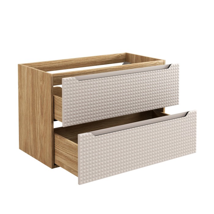 Meuble sous vasque VELNIA – 2 tiroirs – 90 cm – Coloris chêne clair et beige – À suspendre 