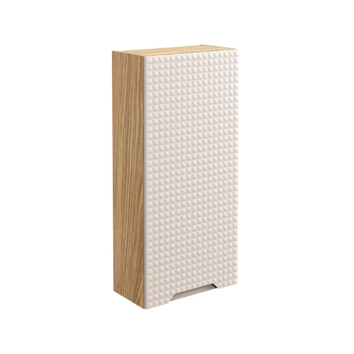 Meuble de rangement salle de bain VELNIA – 1 porte – 35 x 19 cm – Coloris chêne clair et beige – À suspendre 