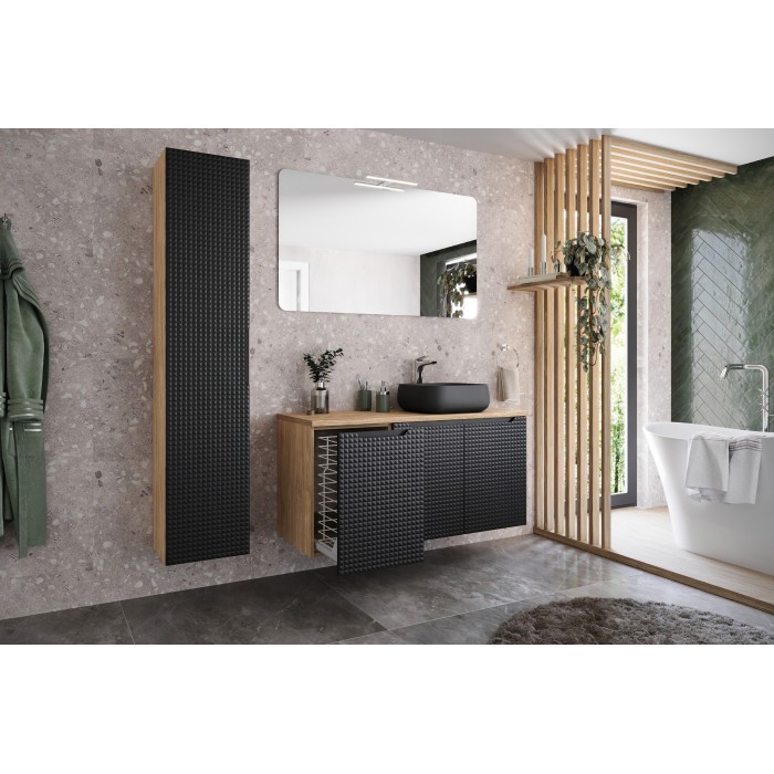 Colonne de salle de bain VELNIA – 1 porte – H170 cm – Coloris chêne clair et noir – À suspendre 