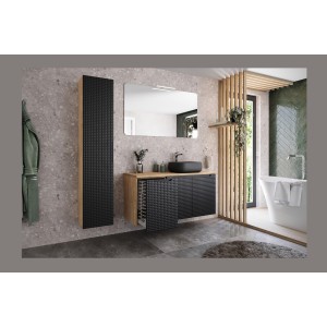 Colonne de salle de bain VELNIA – 1 porte – H170 cm – Coloris chêne clair et noir – À suspendre 